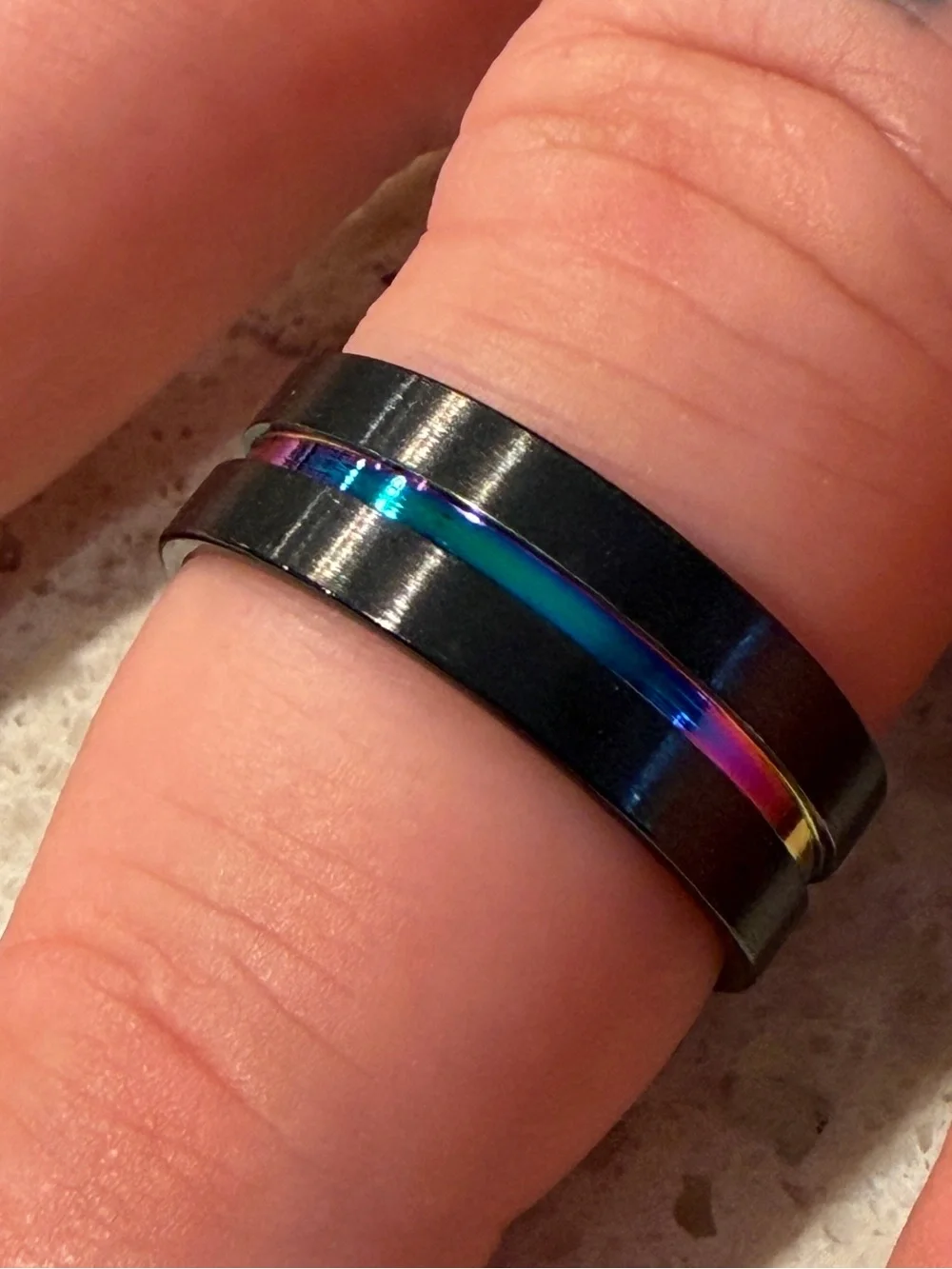 Black Men's Ring with Iridescent Rainbow Inlay